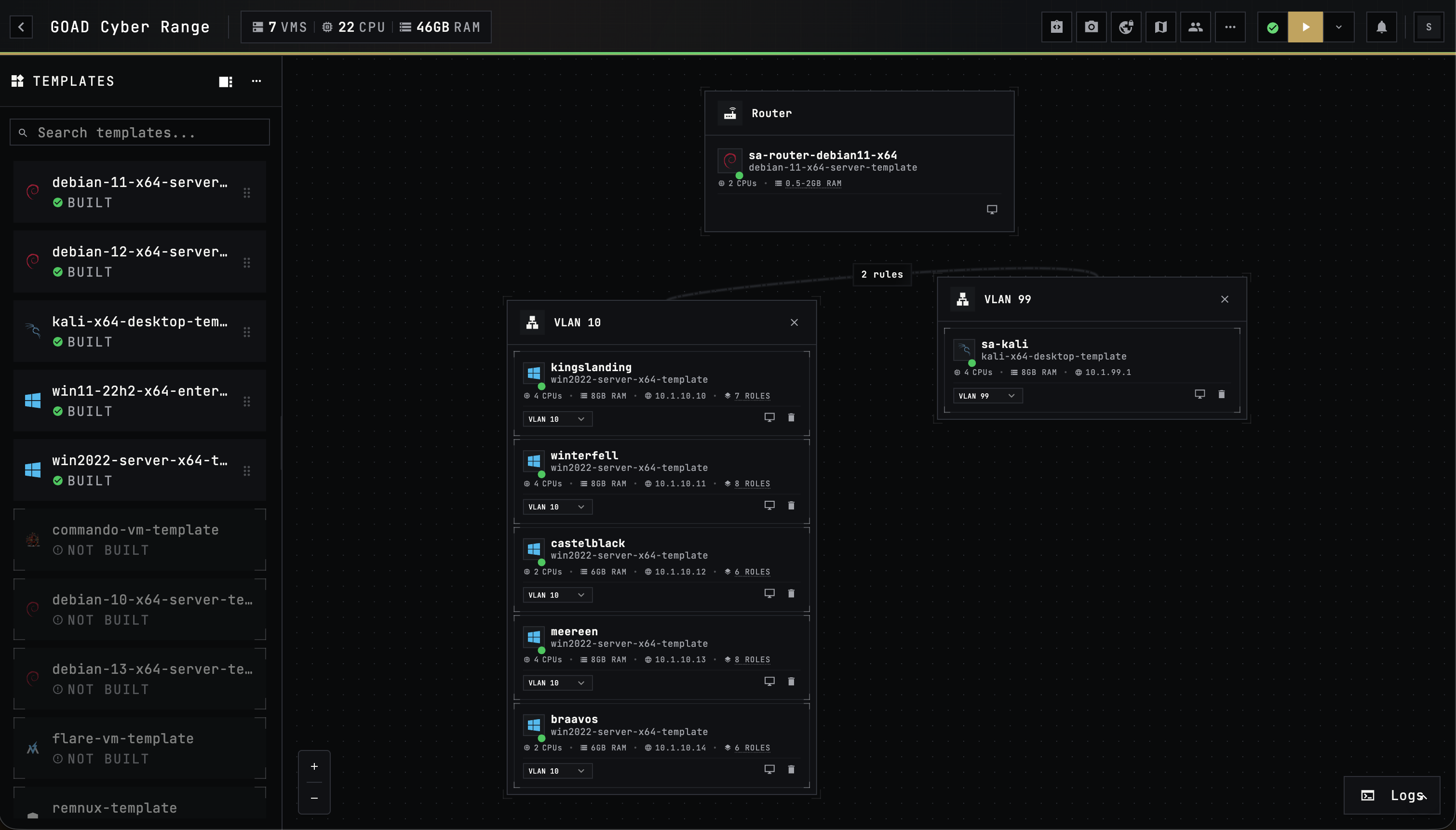 Ludus web UI showing range deployment status, VM list, and cluster overview.