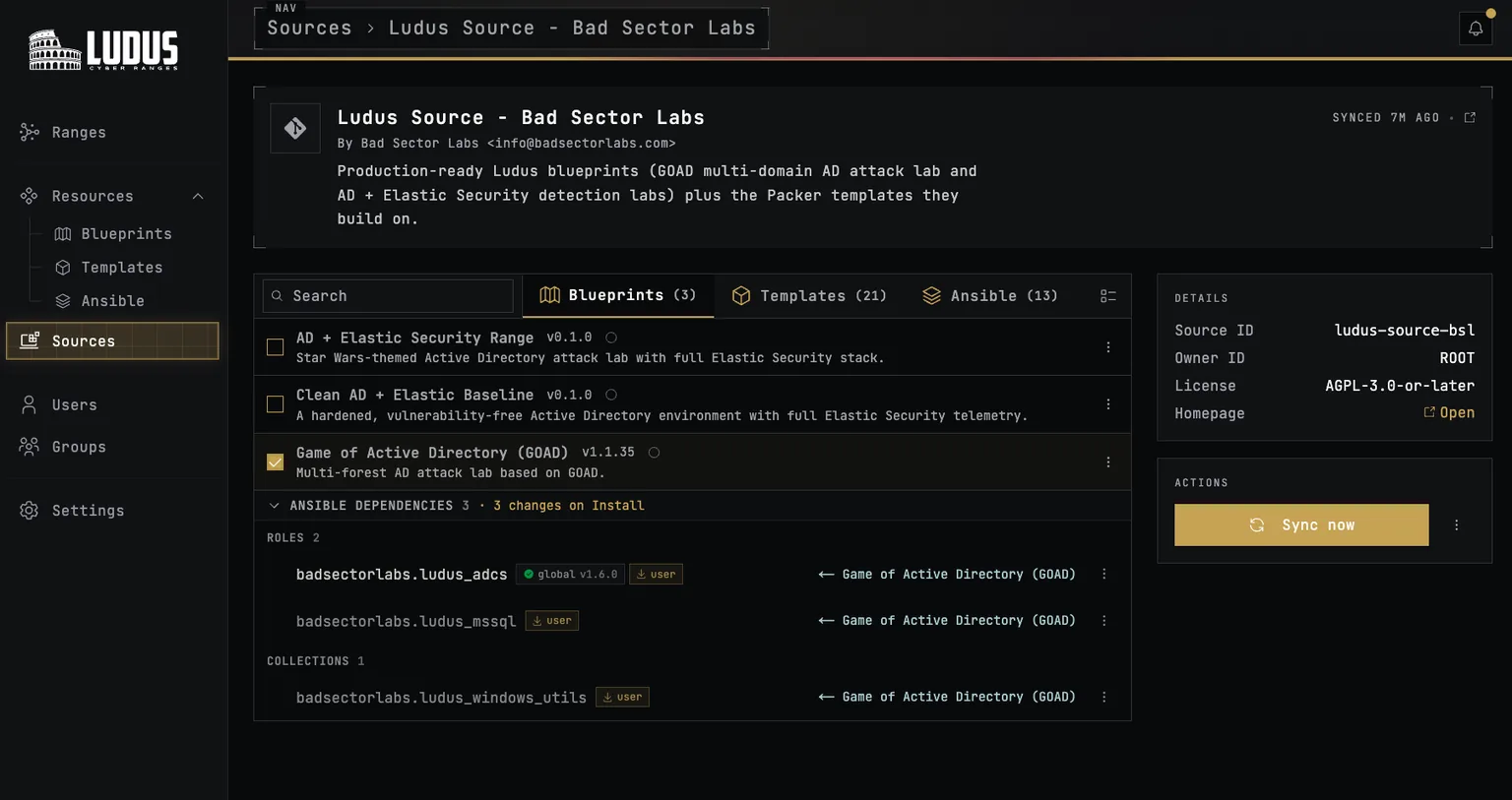The Sources page — browse blueprints, templates, and roles & collections.